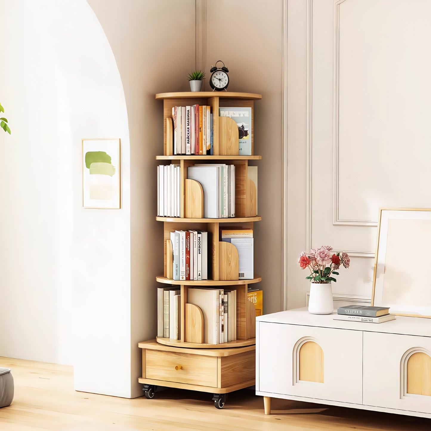 VIYET 56" 5-Tier 360° Rotating Bookshelf, Oak MDF Tower w/ Wheels & Drawer (Space-Saving Storage for Home/Office)