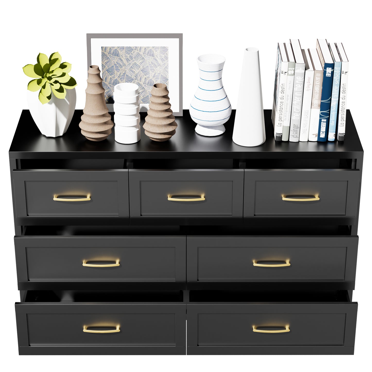 VIYET 7-Drawer Black Dresser, Wide Low-Profile Bedroom Storage Chest with Smooth-Glide Drawers