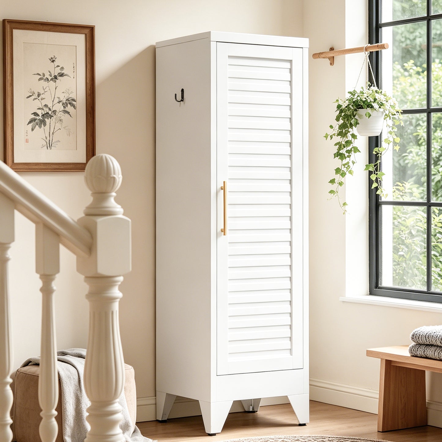 VIYET 47.2" Narrow Metal Wardrobe Closet, Slim Storage Cabinet with Louvered Door and Hanging Rail, Freestanding Clothes Organizer for Bedroom, Apartment, Dorm, White