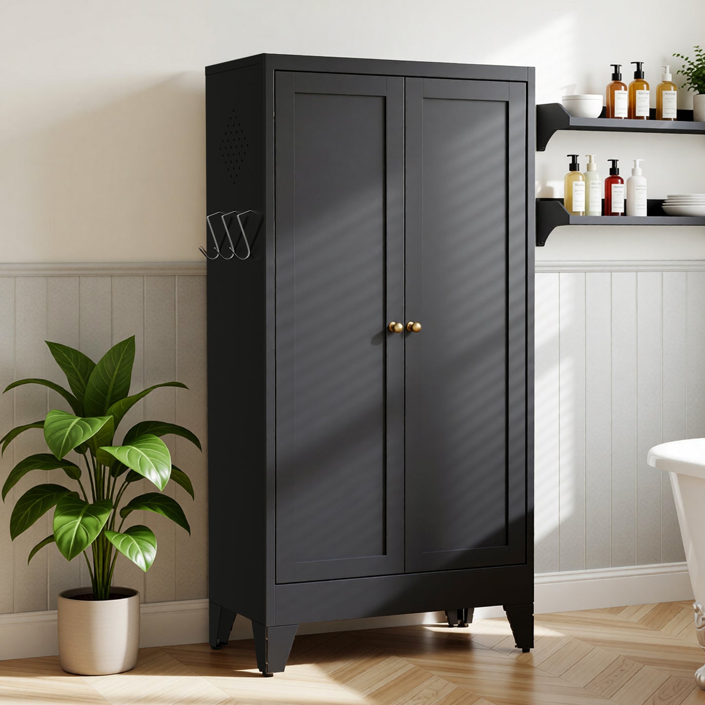 VIYET 47" Black Metal Pantry Cabinet with Adjustable Shelves, Freestanding Kitchen Storage Cabinet with Doors for Pantry, Bathroom & Living Room