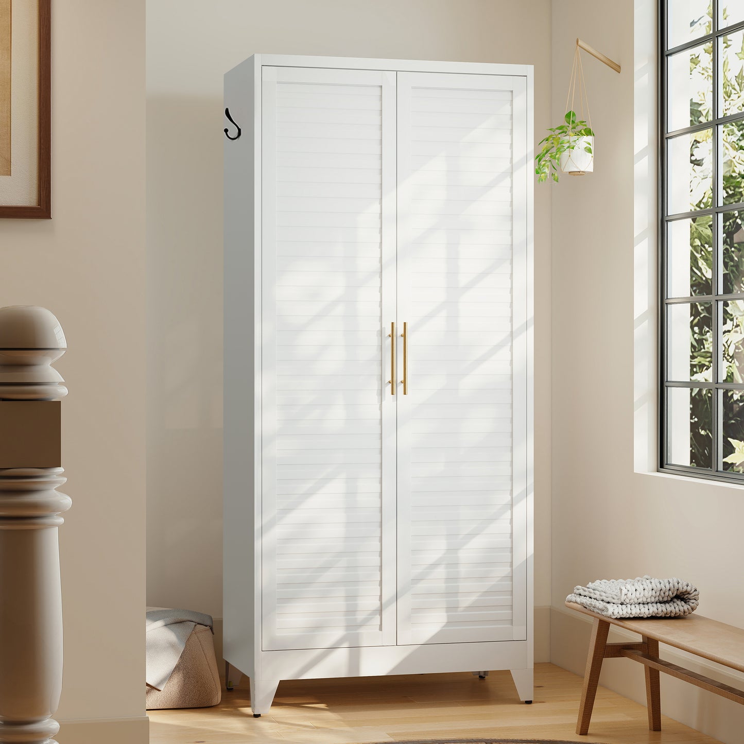 VIYET 71" Metal Wardrobe Closet with 2 Doors, Hanging Rod & Adjustable Shelves, Freestanding Steel Storage Cabinet for Bedroom, Apartment, Dorm