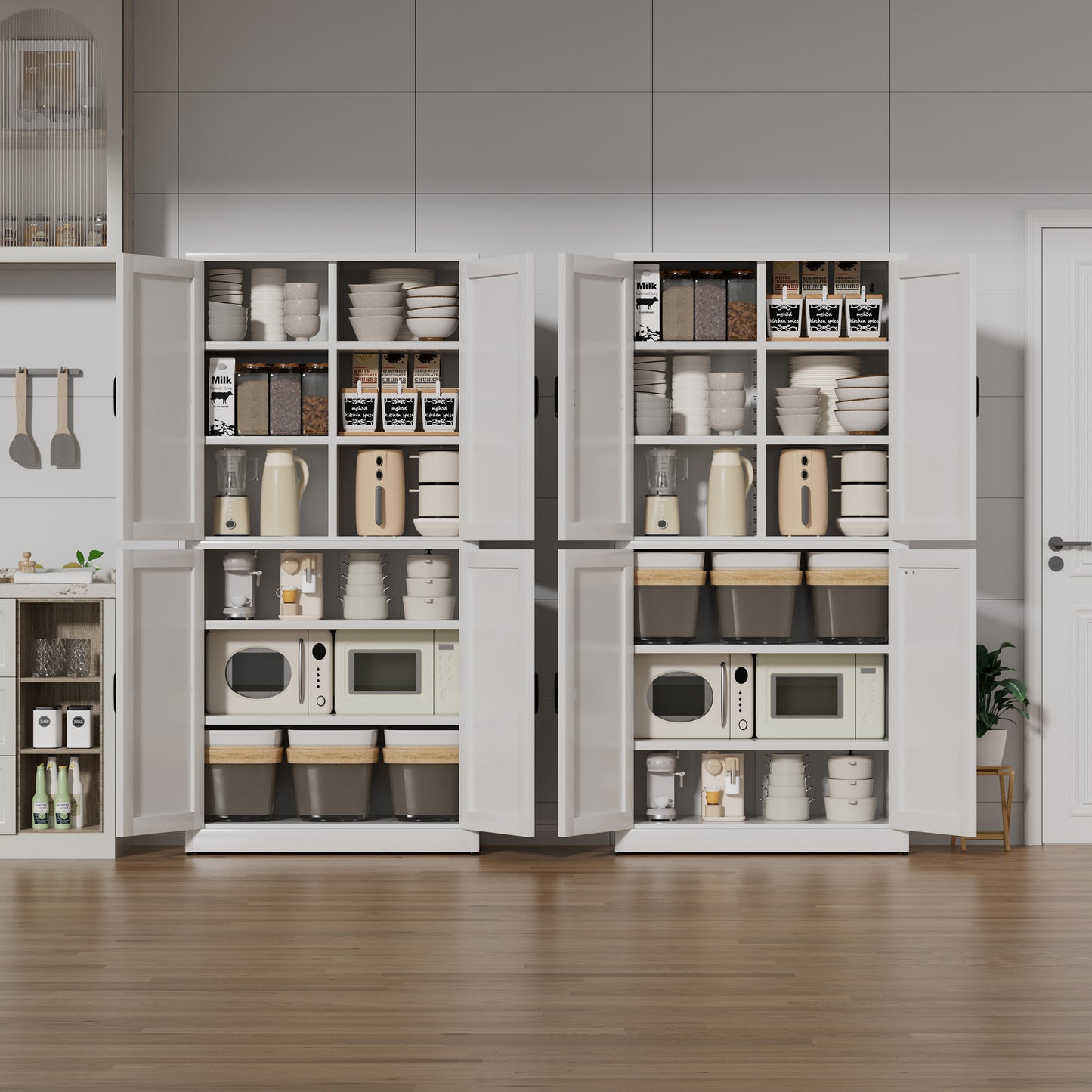 VIYET 64"H Heavy-Duty White Steel Pantry Cabinet,55LBS/Shelf Adjustable Shelves+Magnetic Door,for Kitchen/Bathroom/Living Room