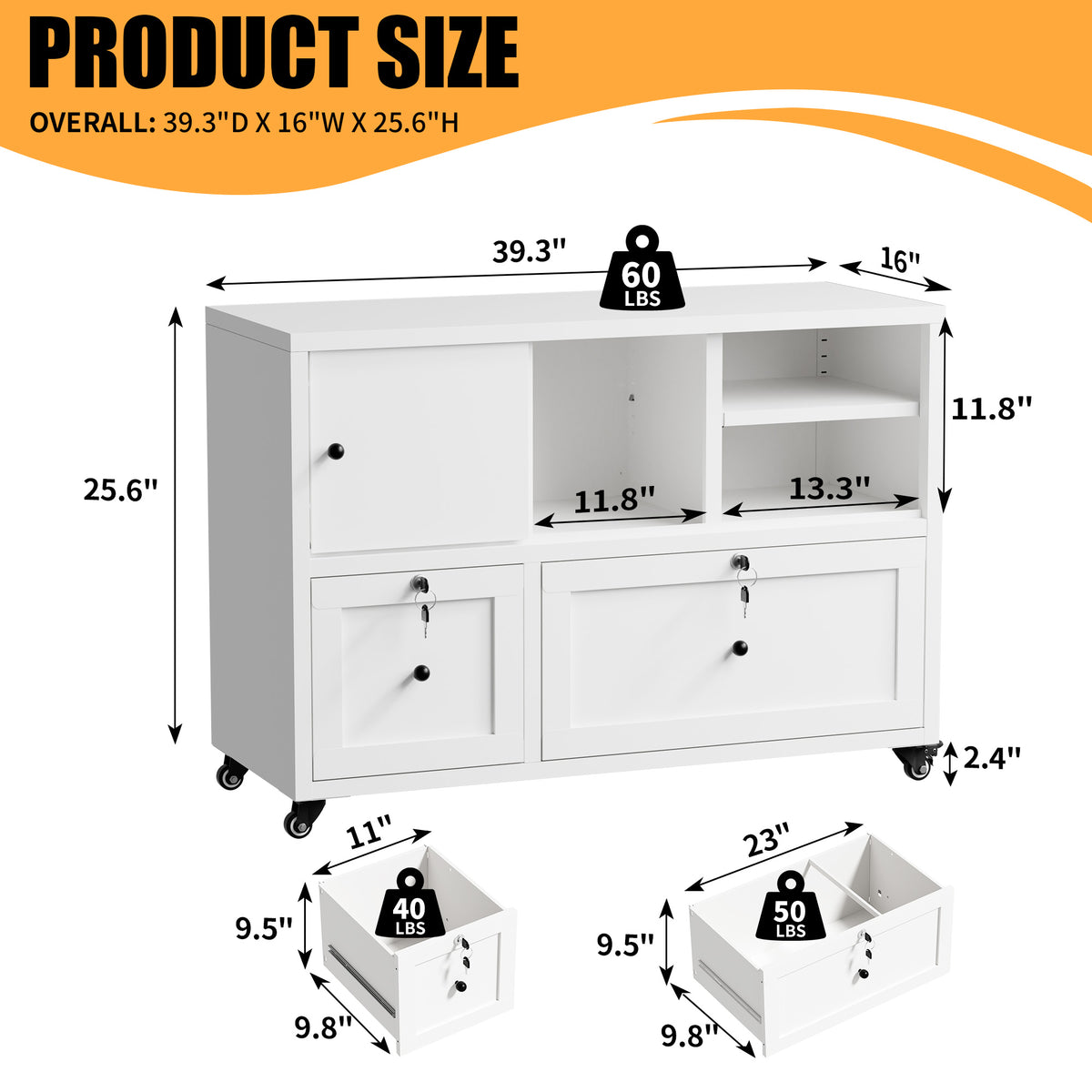 VIYET 28" White Metal 2-Drawer Lateral File Cabinet with Lock and Wheels, Rolling Office Storage for Letter, Legal & A4 Files