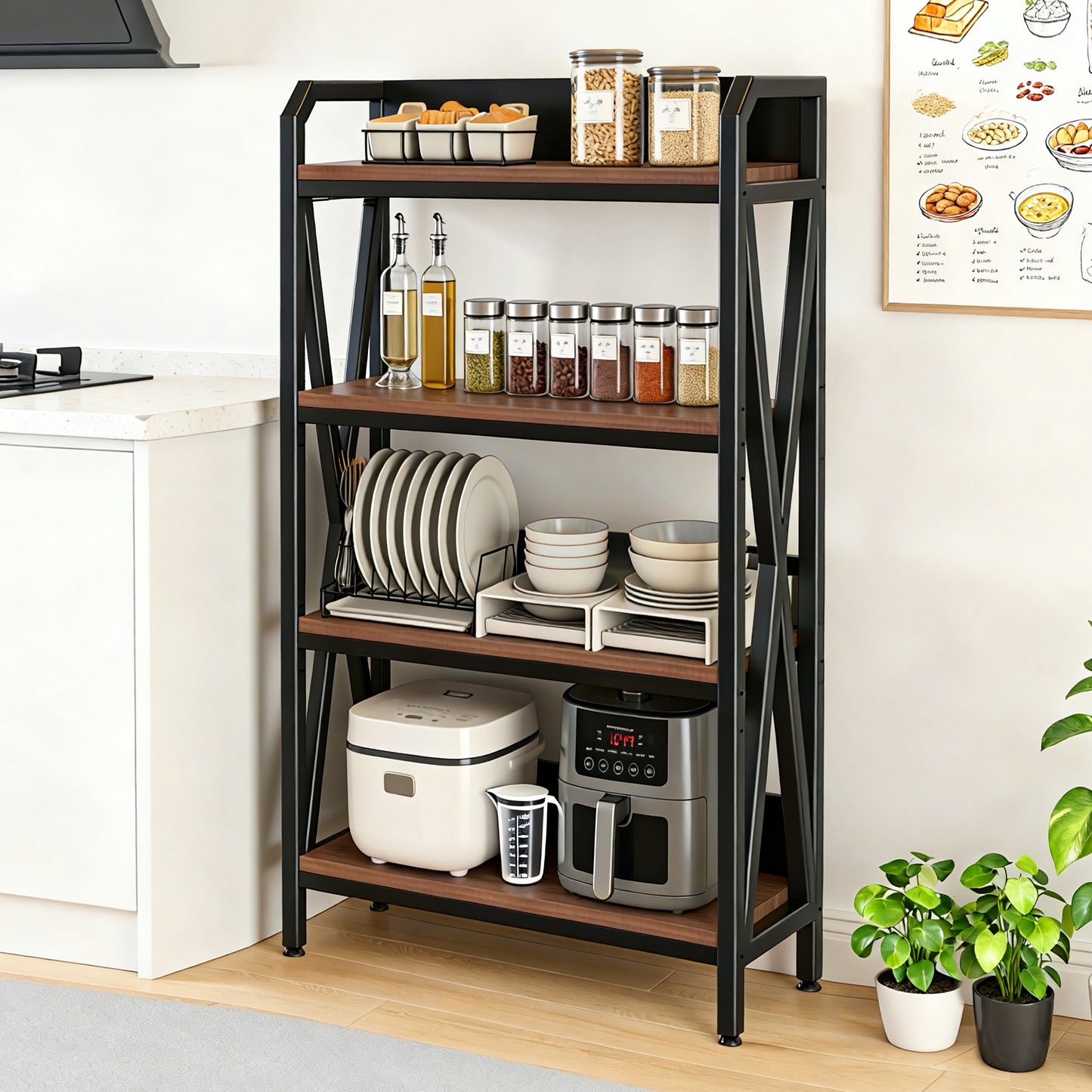 VIYET 56.3"H 4-Level Bakers Rack, Metal & Wooden Kitchen Storage Shelf (Adjustable Multi-Scene Organizer for Garage/Pantry/Bathroom)