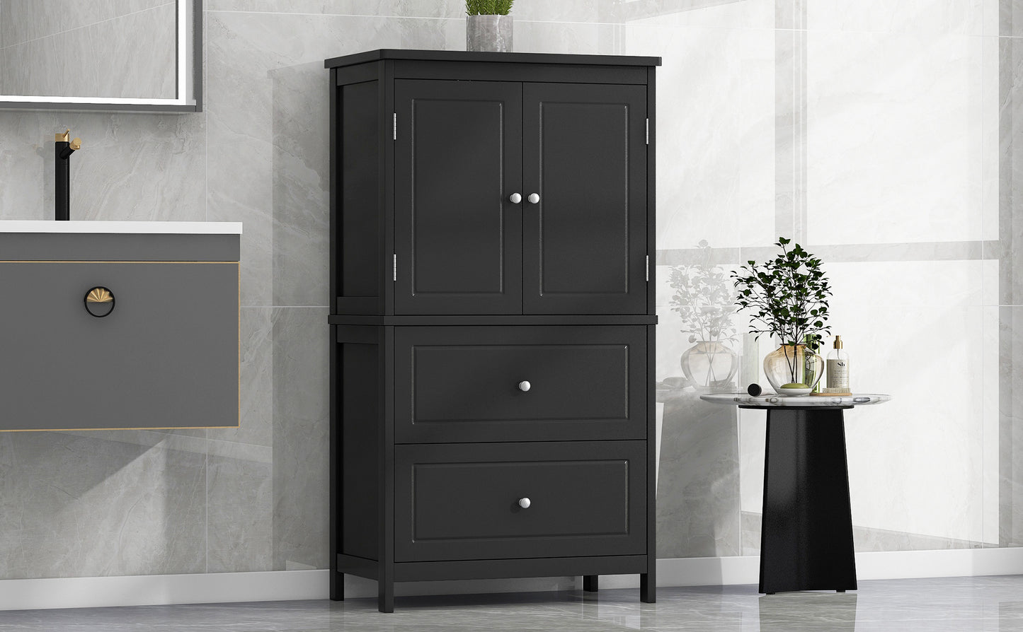 VIYET 43" 2-Door 2-Drawer Storage Cabinet, Black MDF Adjustable-Shelf Organizer, Anti-Tipping Waterproof Multi-Scene Cabinet