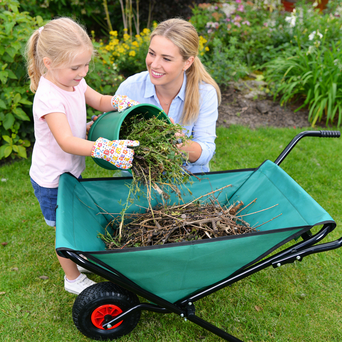 VIYET Collapsible Folding Wheelbarrow, 176 Lbs Lightweight Garden Cart, Heavy-Duty Oxford Cloth Yard Cart with 10" Pneumatic Tire for Lawn, Green