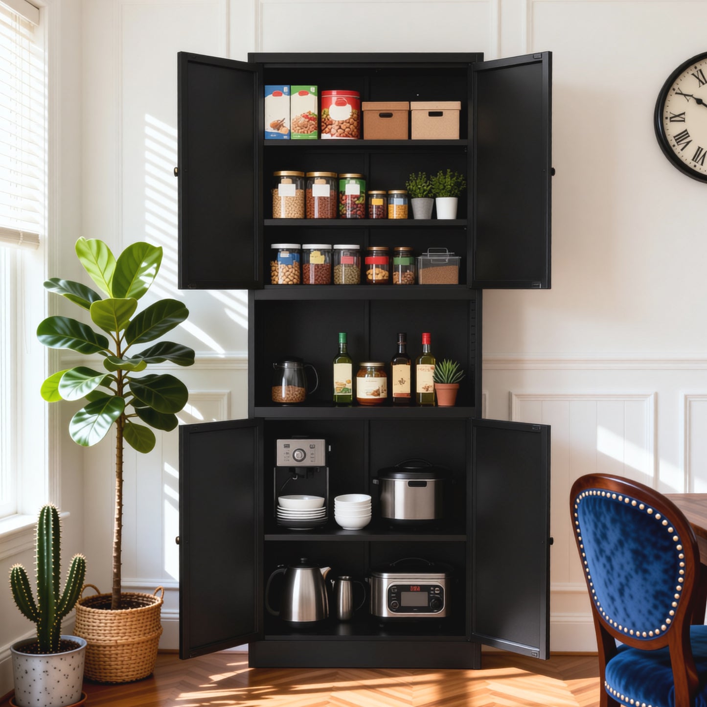 VIYET 72" Black Metal Kitchen Pantry Cabinet with Large Countertop, Adjustable Shelves & Hooks, Freestanding Coffee Bar Storage Cabinet