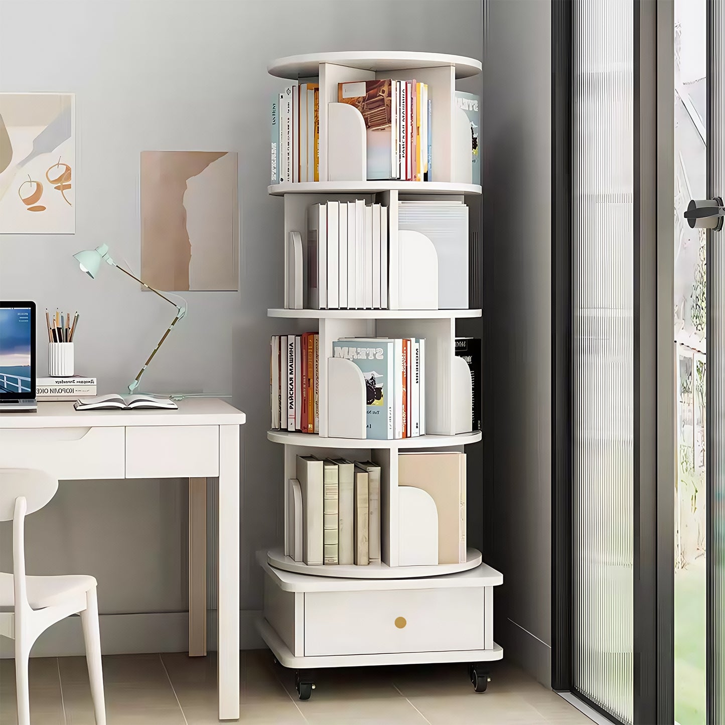 VIYET 56" 5-Tier 360° Rotating Bookshelf, Oak MDF Tower w/ Wheels&Drawer (Space-Saving Storage for Home/Office),white