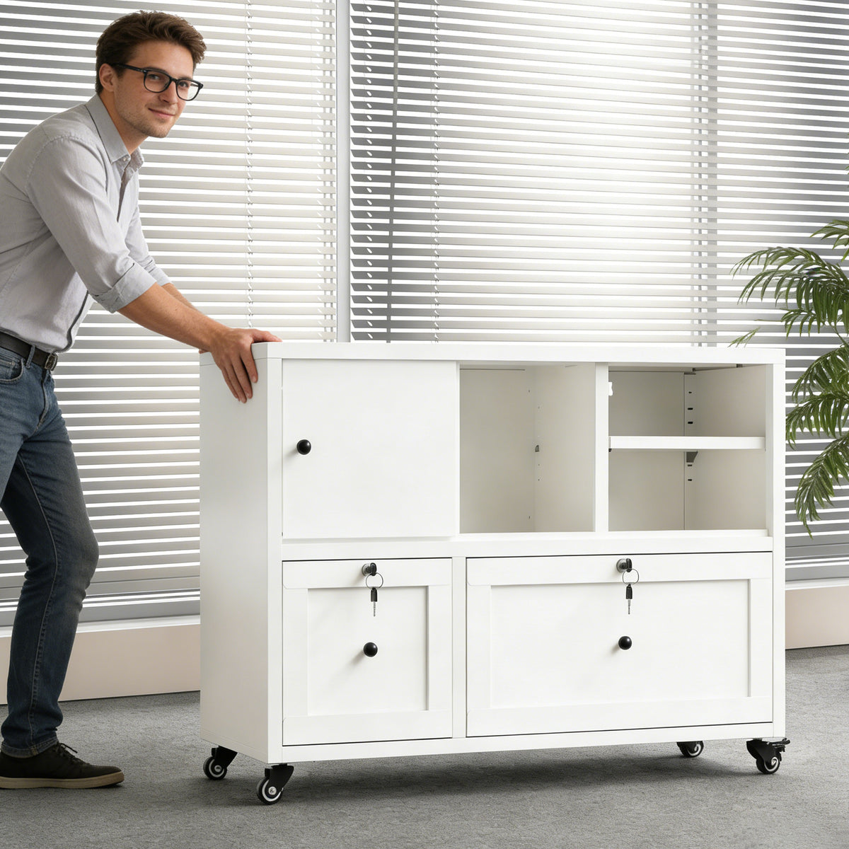 VIYET 28" White Metal 2-Drawer Lateral File Cabinet with Lock and Wheels, Rolling Office Storage for Letter, Legal & A4 Files