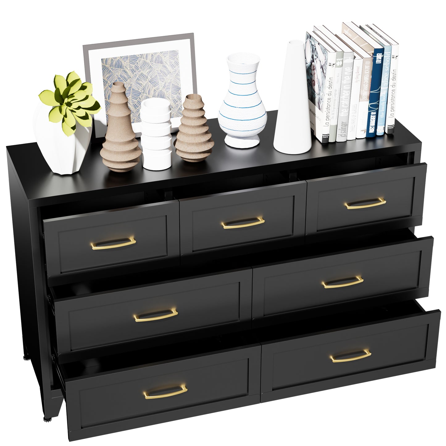 VIYET 7-Drawer Black Dresser, Wide Low-Profile Bedroom Storage Chest with Smooth-Glide Drawers