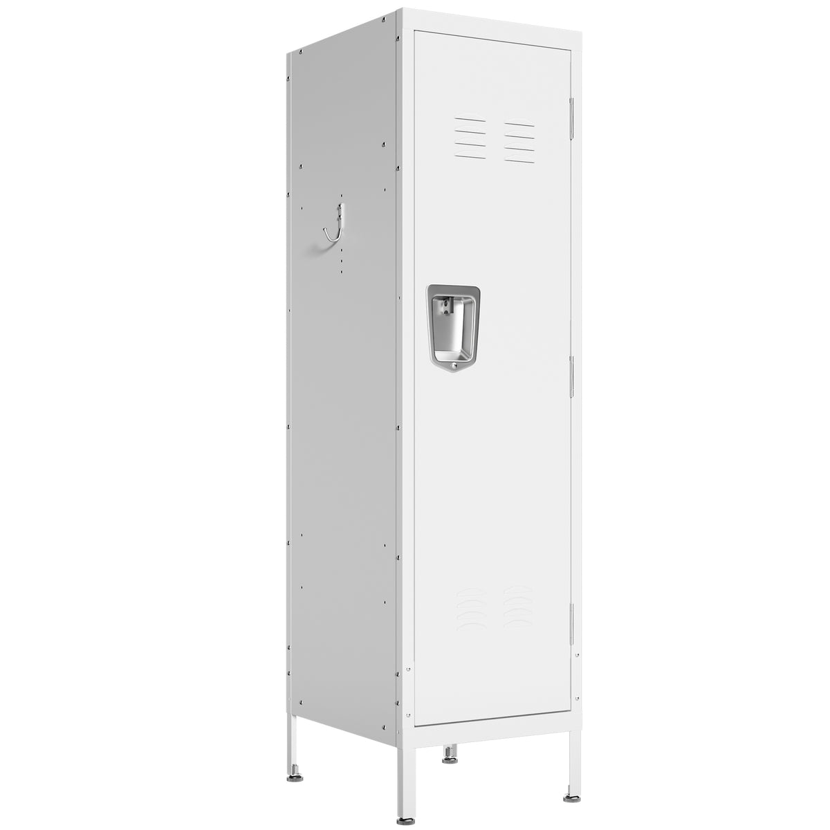 VIYET 55" White Metal Wardrobe Cabinet, Narrow Steel Clothing Storage with Lock & Ventilated Door, Side Hooks, Freestanding Closet for Bedroom & Small Apartment