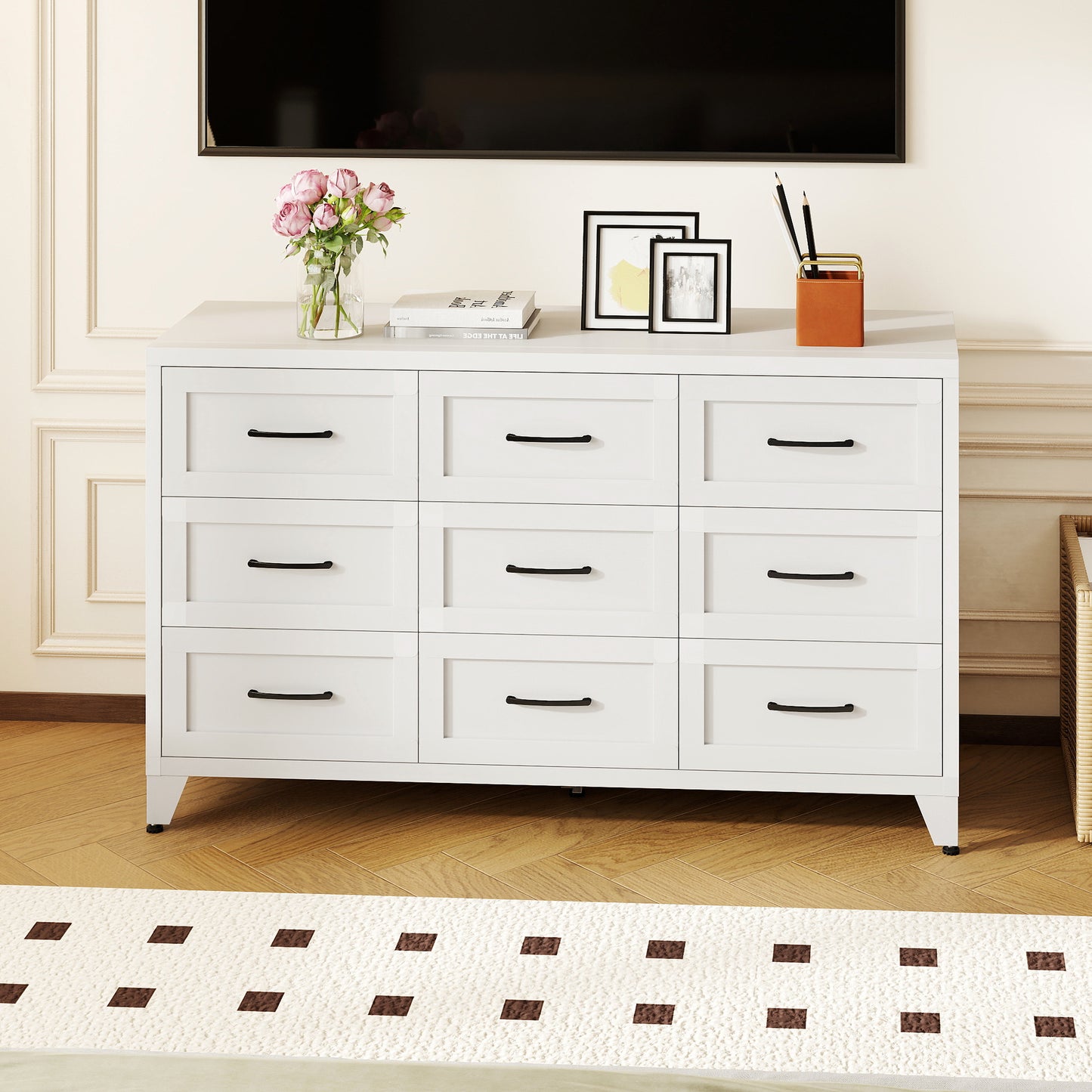 VIYET 9-Drawer Wide Dresser, White Bedroom Storage Chest with Smooth-Glide Drawers for Closet, Hallway & Entryway