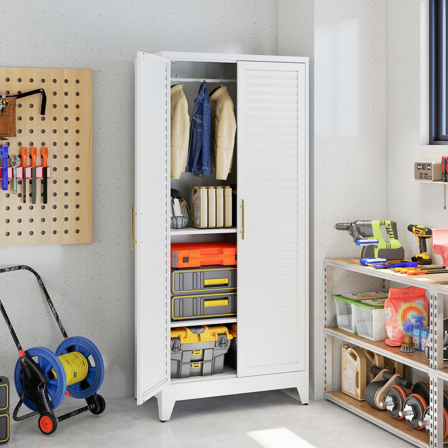 VIYET 71" Metal Wardrobe Closet with 2 Doors, Hanging Rod & Adjustable Shelves, Freestanding Steel Storage Cabinet for Bedroom, Apartment, Dorm