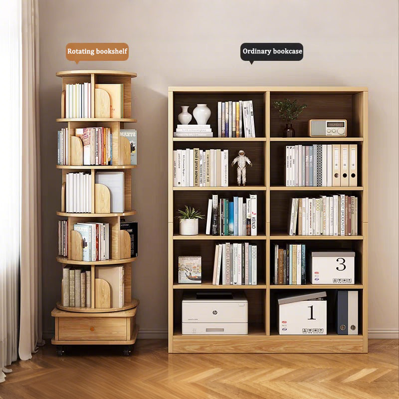 VIYET 68" 6-Tier 360° Rotating Bookshelf, Wood Color MDF Tower w/ Wheels & Drawer (Space-Saving Storage for Home/Office)