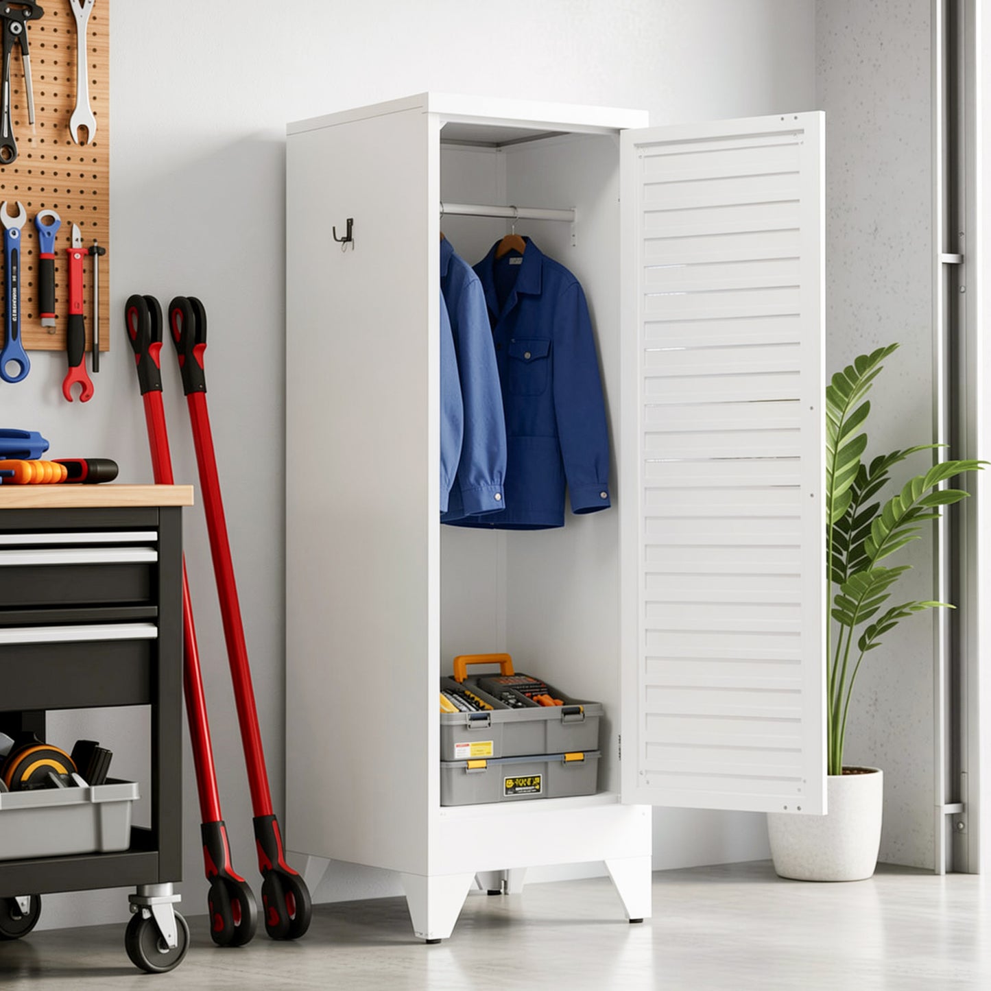 VIYET 47.2" Narrow Metal Wardrobe Closet, Slim Storage Cabinet with Louvered Door and Hanging Rail, Freestanding Clothes Organizer for Bedroom, Apartment, Dorm, White