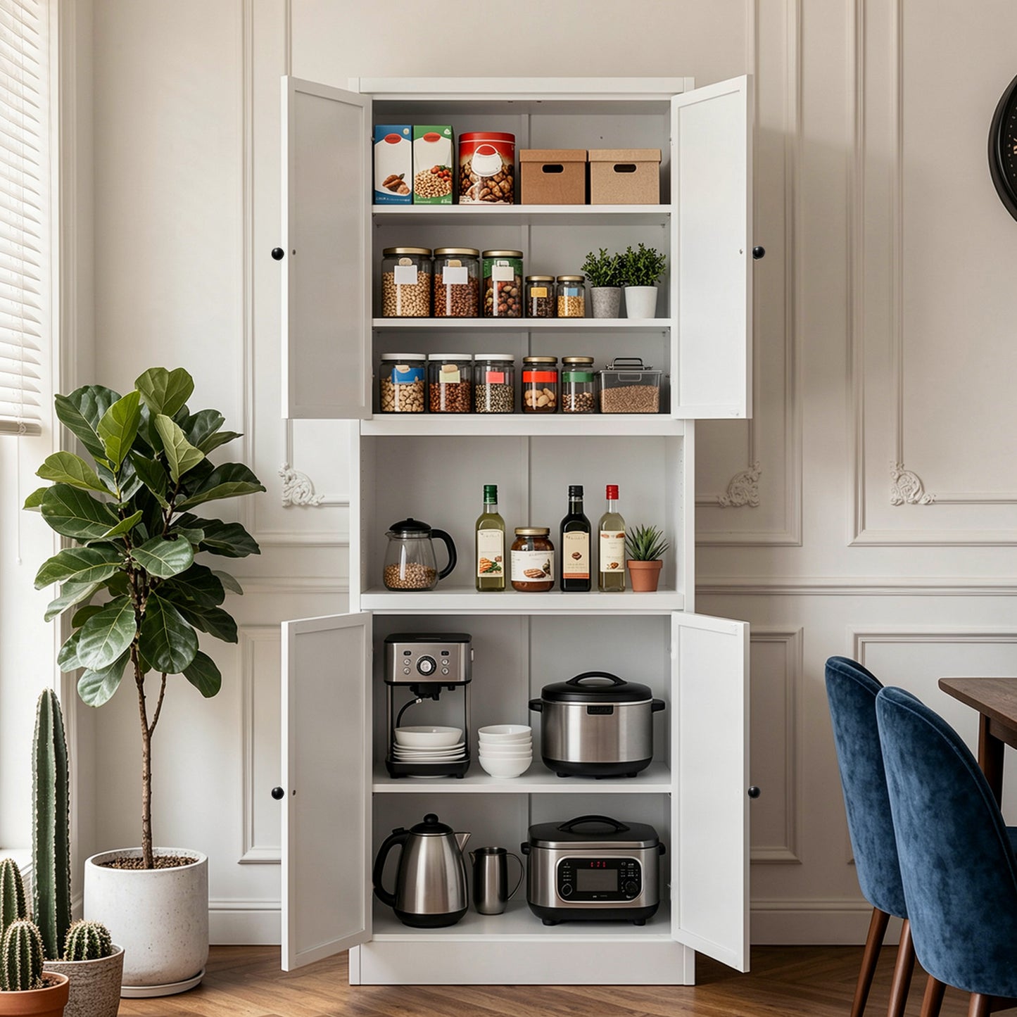 VIYET 72" Kitchen Pantry Cabinet with Large Countertop, Adjustable Shelves & Hooks, White Metal Coffee Bar Storage Cabinet for Kitchen & Dining Room