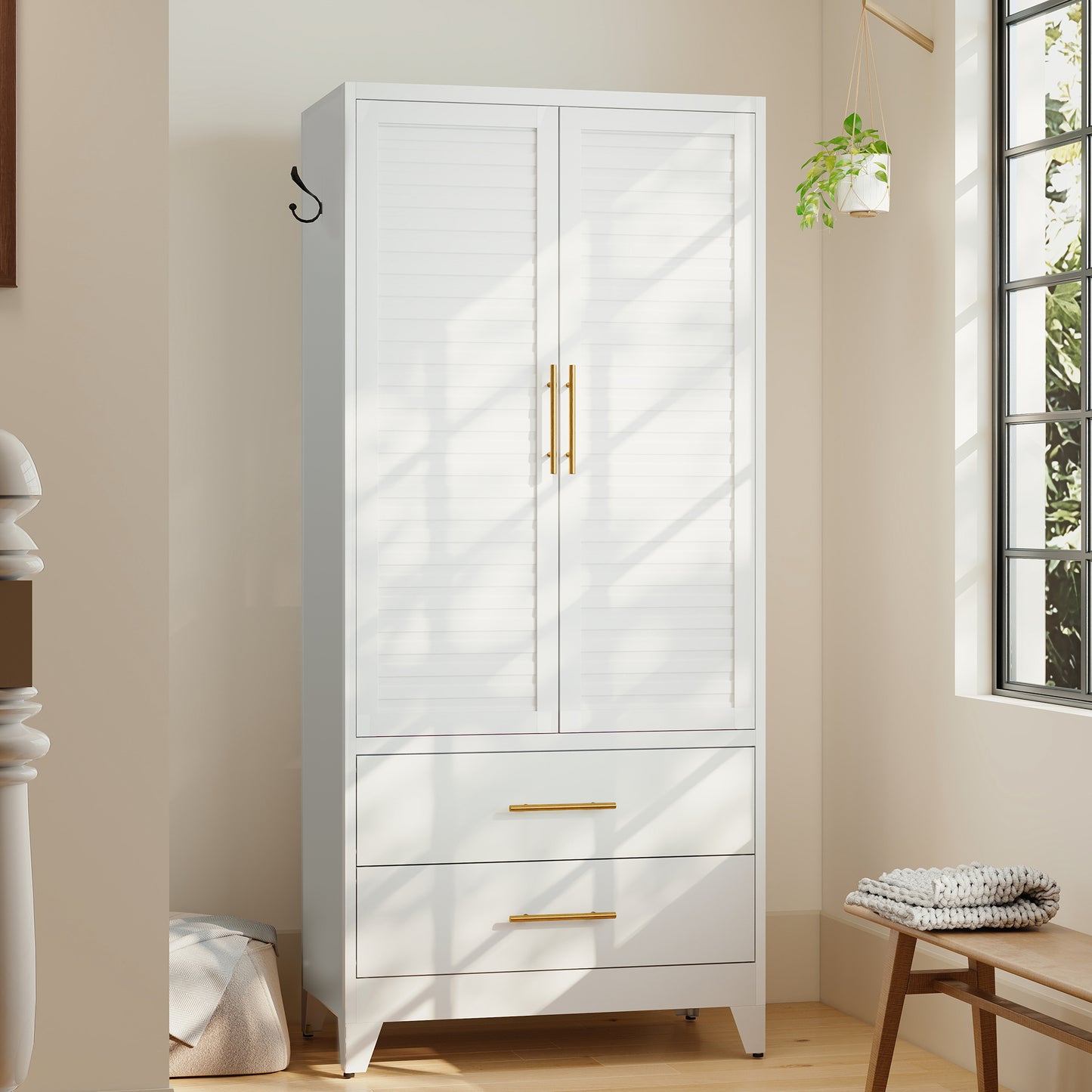 VIYET 71" Metal Wardrobe Closet with 2 Doors & 2 Drawers, Freestanding Steel Storage Cabinet with Hanging Rod & Adjustable Shelf