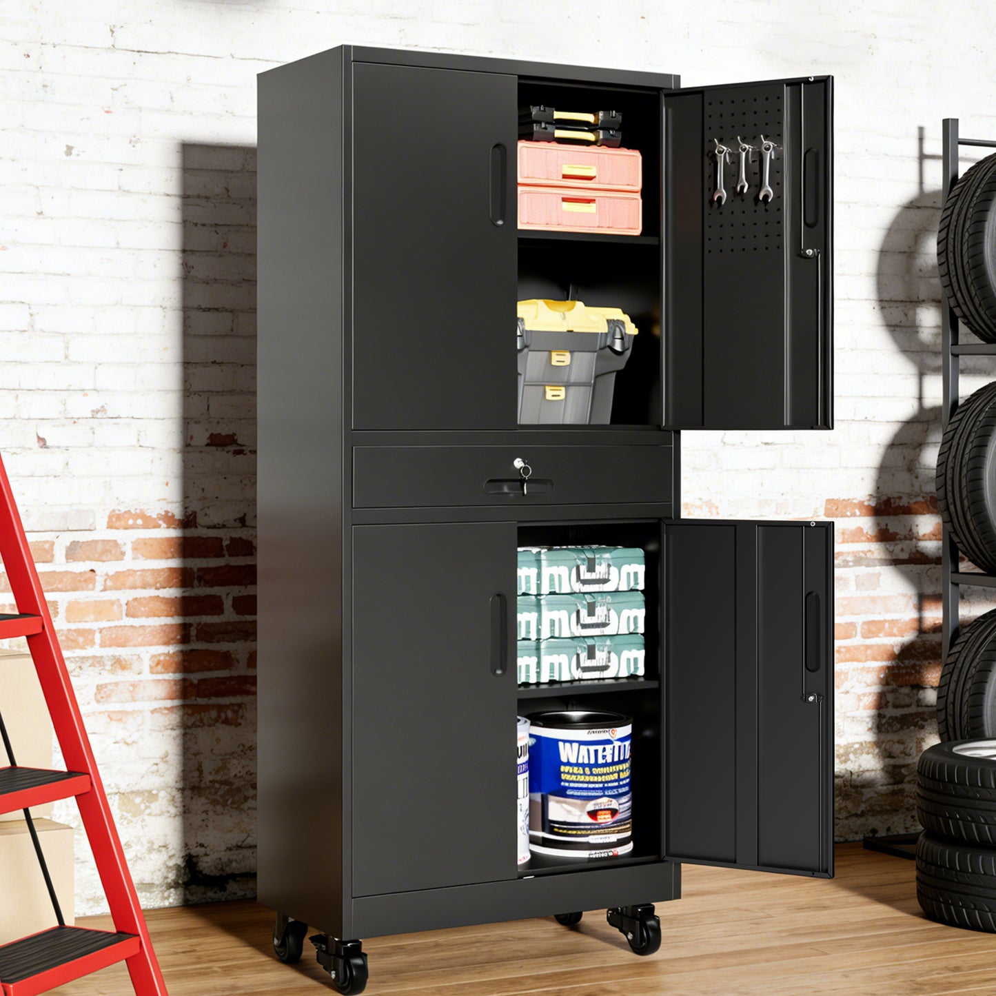 VIYET 71" Metal Garage Storage Cabinet with Drawer, Lockable Doors, Adjustable Shelves, Pegboard & Rolling Wheels for Home Office Utility