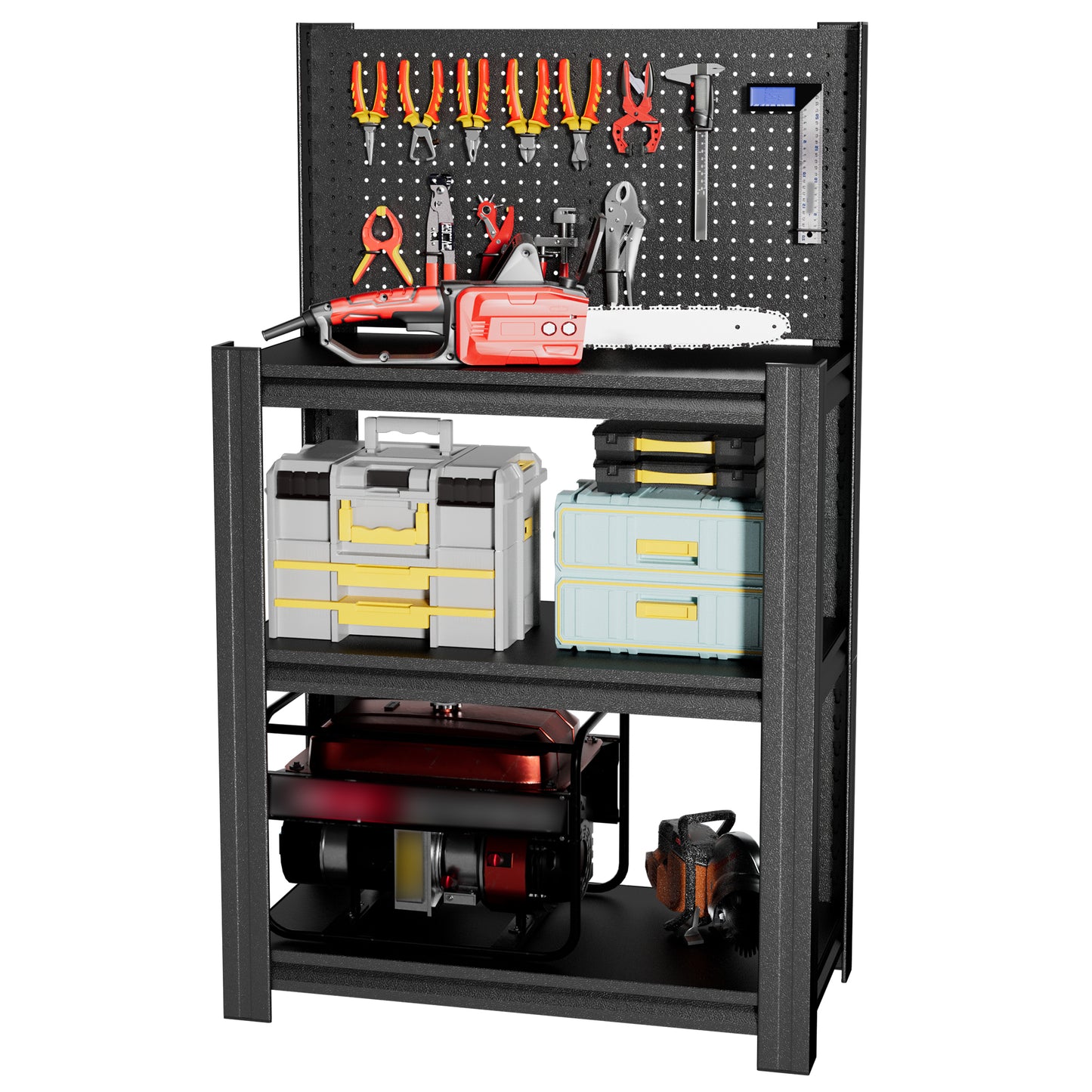 VIYET 3-Tier Metal Storage Shelf with Pegboard, 660 lbs Capacity, Adjustable Garage Shelving Rack for Tools, Workshop, Basement & Utility Room