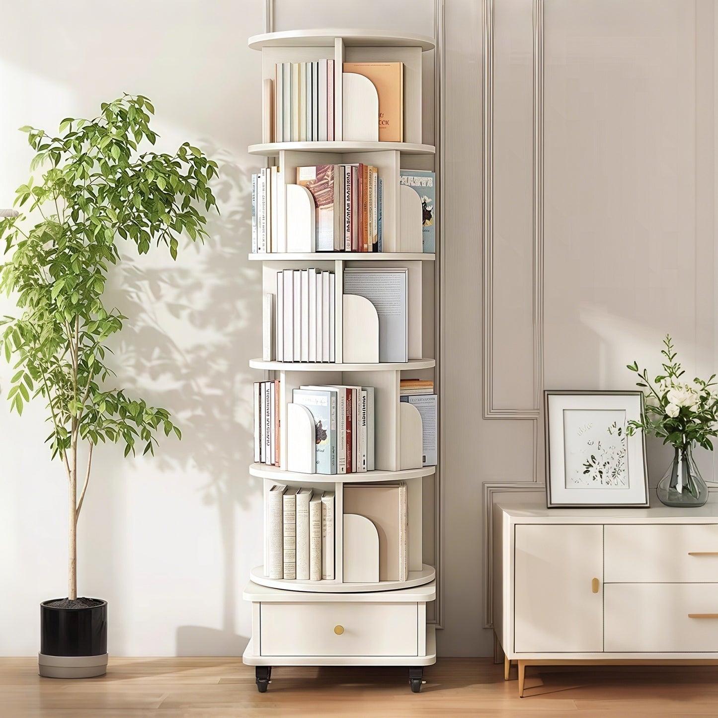 VIYET 68" 6-Tier 360° Rotating Bookshelf, WhiteColor MDF Tower w/ Wheels& Drawer (Space-Saving Storage for Home/Office)