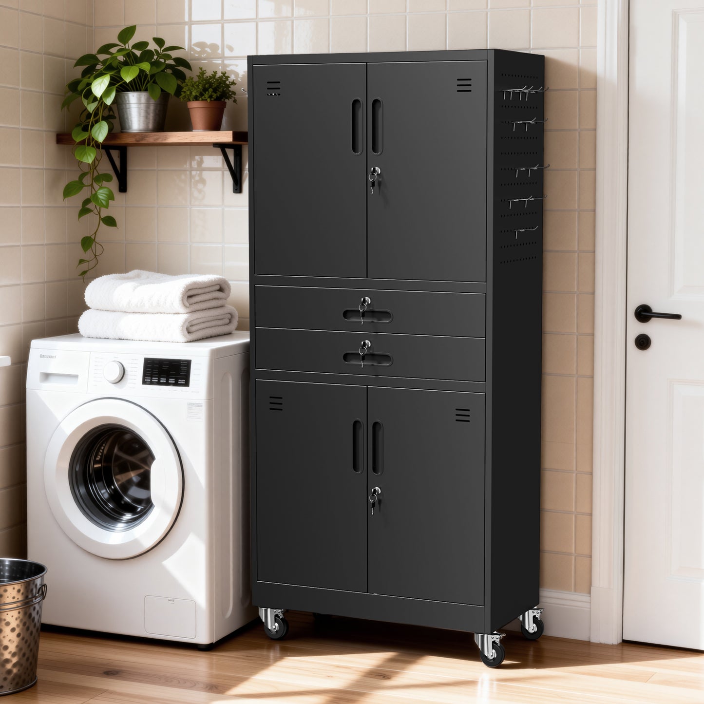 VIYET 71" Metal Garage Storage Cabinet with Drawers, Locking Doors, Pegboard, Wheels & Adjustable Shelves for Workshop Utility Room