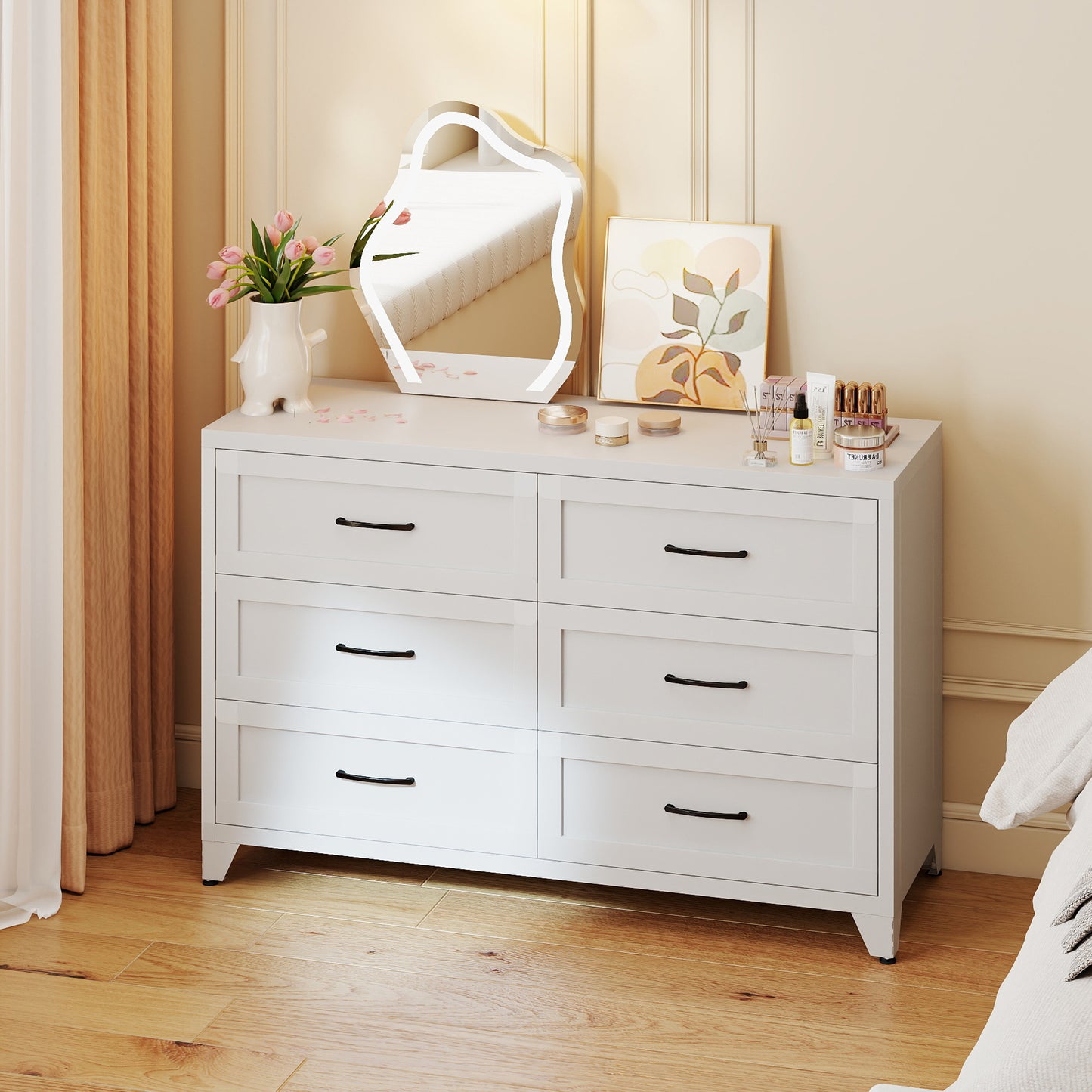 VIYET 6-Drawer White Dresser for Bedroom, Modern Metal Storage Chest with Smooth-Glide Drawers for Closet, Hallway & Entryway