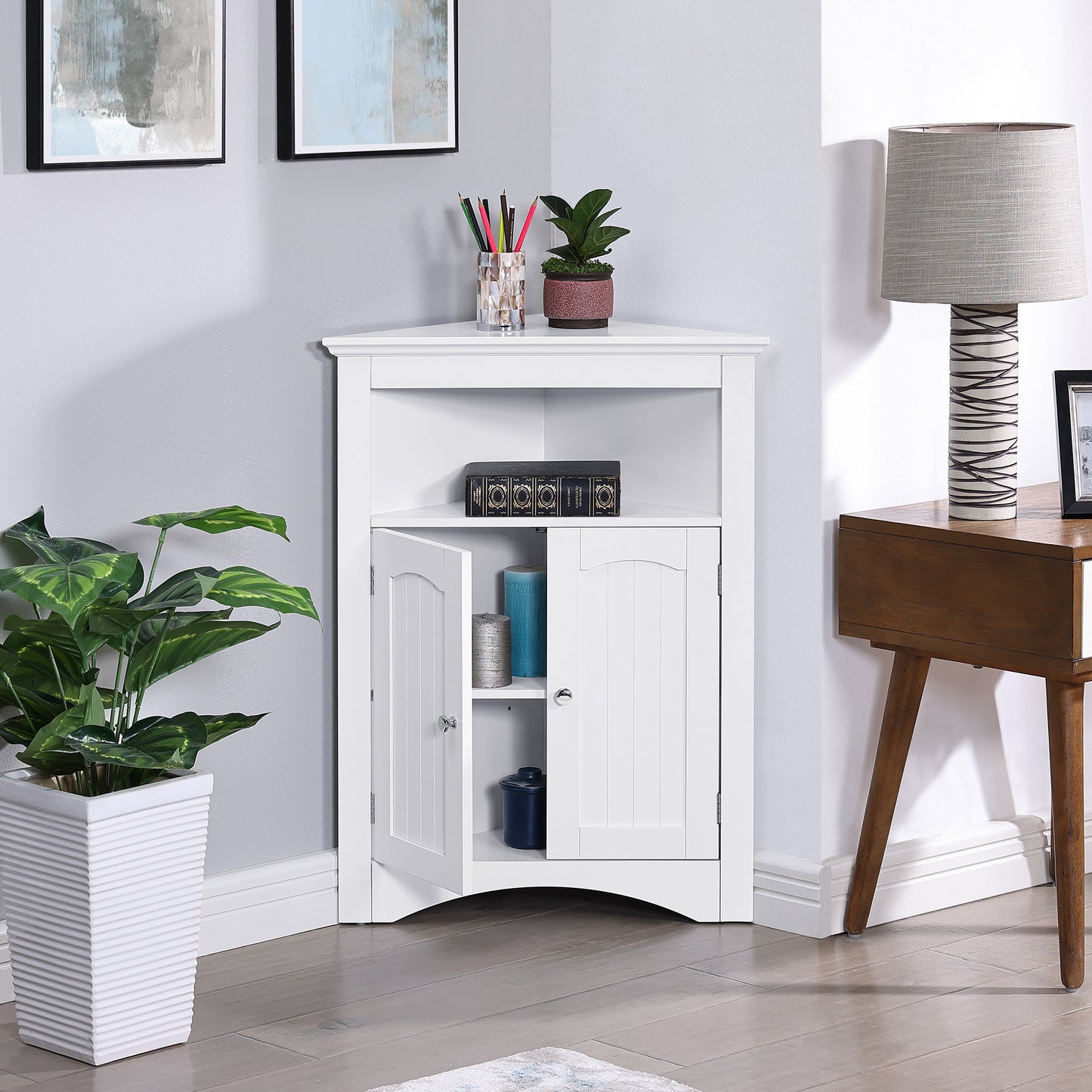VIYET 32" Multifunctional Corner Cabinet - White MDF, Freestanding, Doors & Adjustable Shelves(Bathroom/Kitchen/Living Room Organizer)