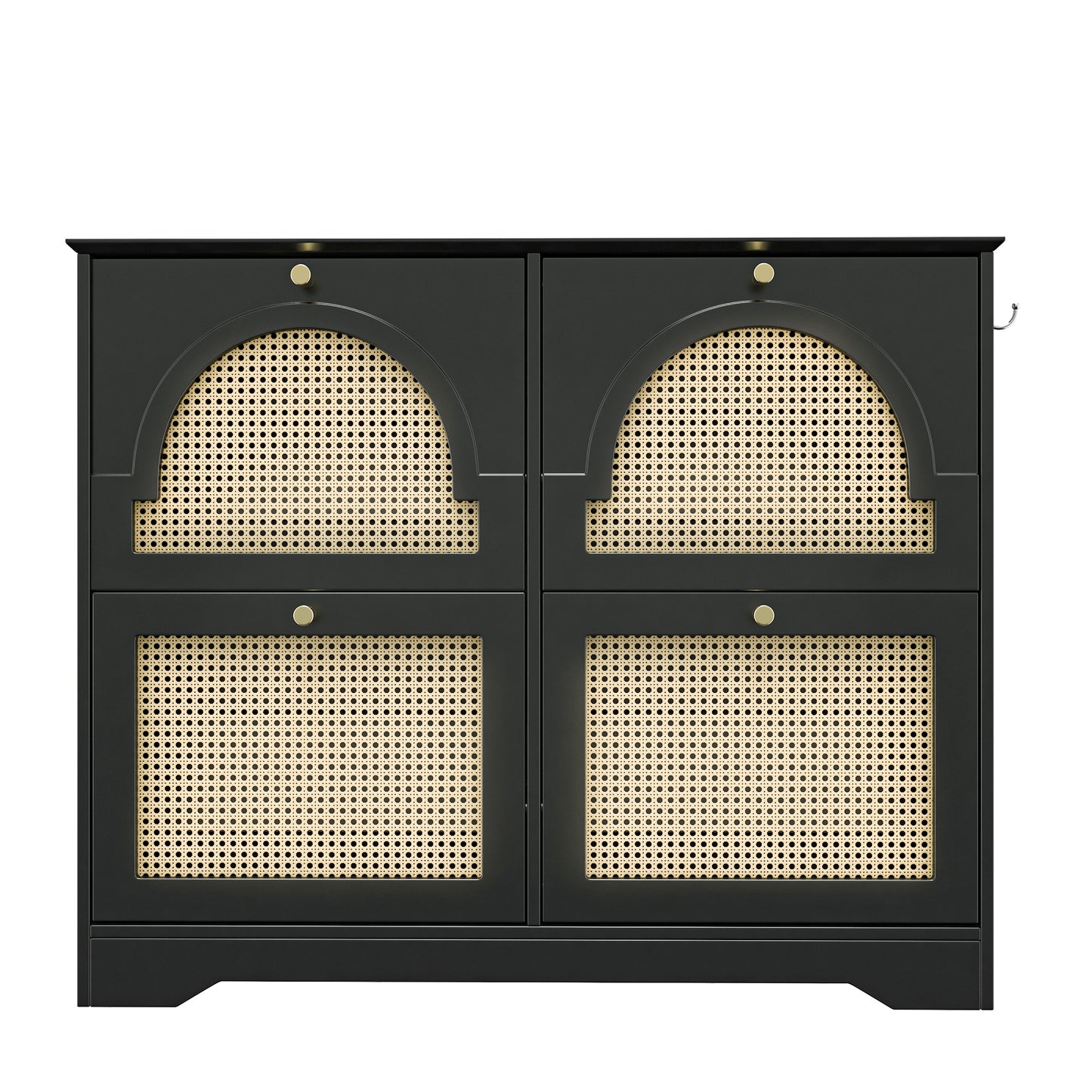 VIYET 35" Mid-Century Narrow Shoe Cabinet, MDF Organizer w/ 4 Rattan Flip Drawers &2 Silver Hooks,Black+white