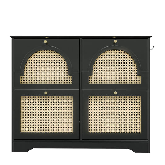 VIYET 35" Mid-Century Narrow Shoe Cabinet, MDF Organizer w/ 4 Rattan Flip Drawers &2 Silver Hooks,Black+white