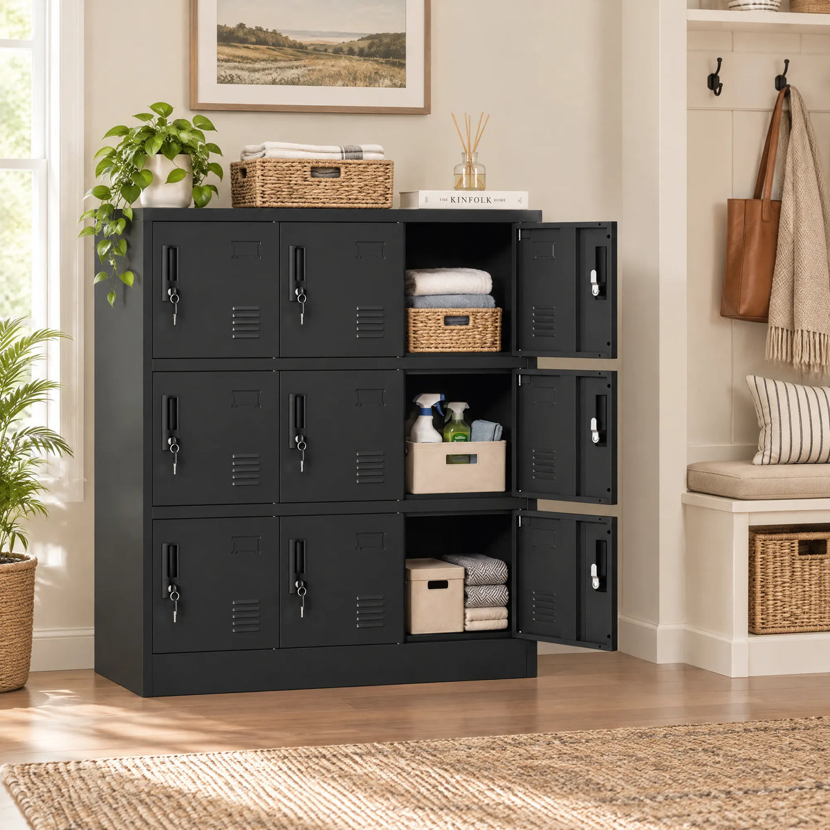 VIYET 9-Door Metal Storage Locker with Lock and Card Slot, Black Freestanding Cabinet for Office, Gym, School & Home Storage