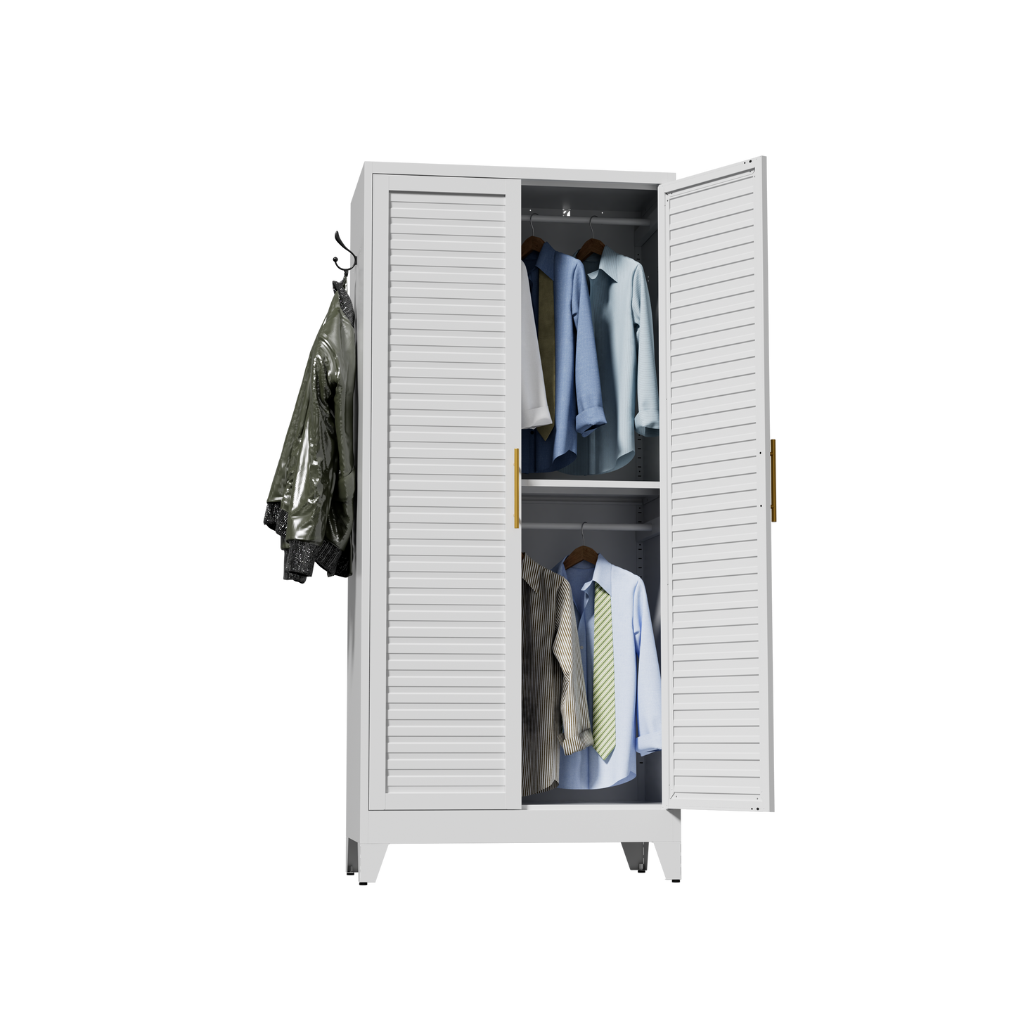 VIYET 71" Metal Wardrobe Closet with Adjustable Hanging Rod, Louvered Doors, Side Hooks & Shelves, Heavy Duty Clothing Storage Cabinet for Bedroom, Laundry Room, White
