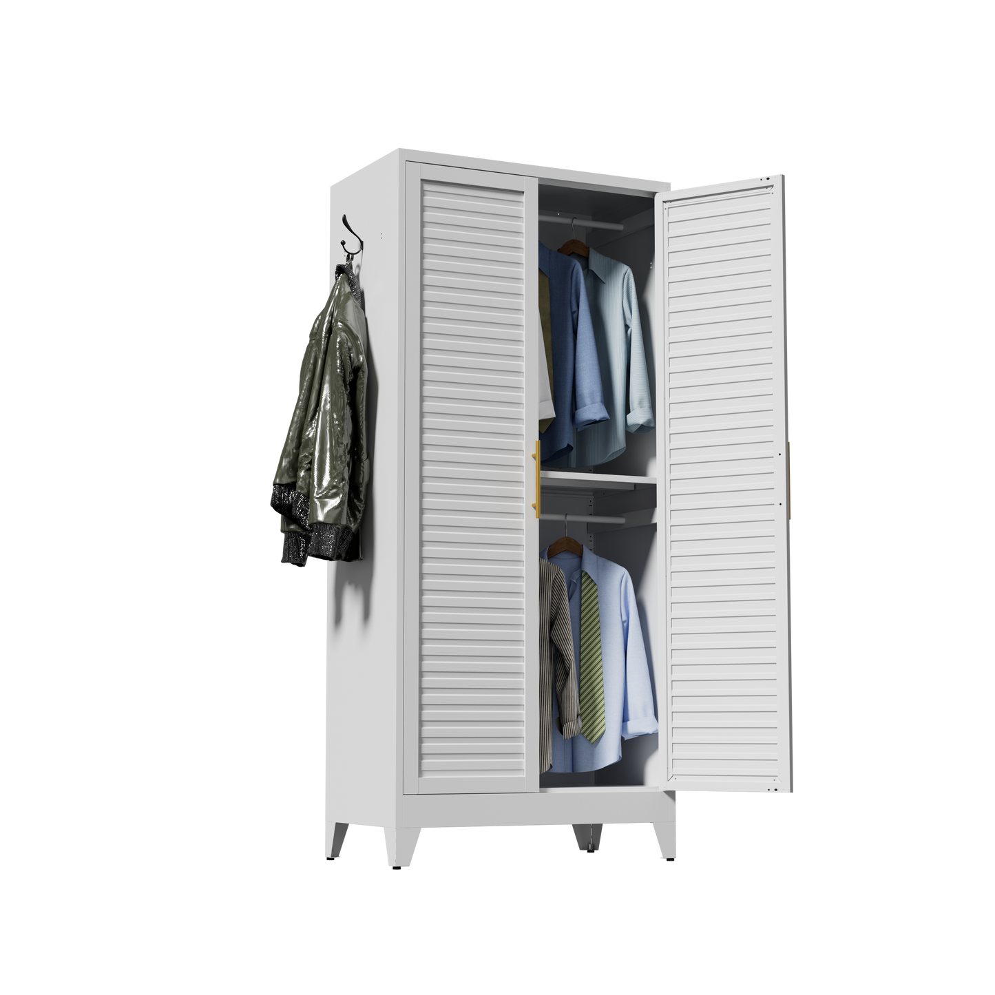 VIYET 71" Metal Wardrobe Closet with Adjustable Hanging Rod, Louvered Doors, Side Hooks & Shelves, Heavy Duty Clothing Storage Cabinet for Bedroom, Laundry Room, White