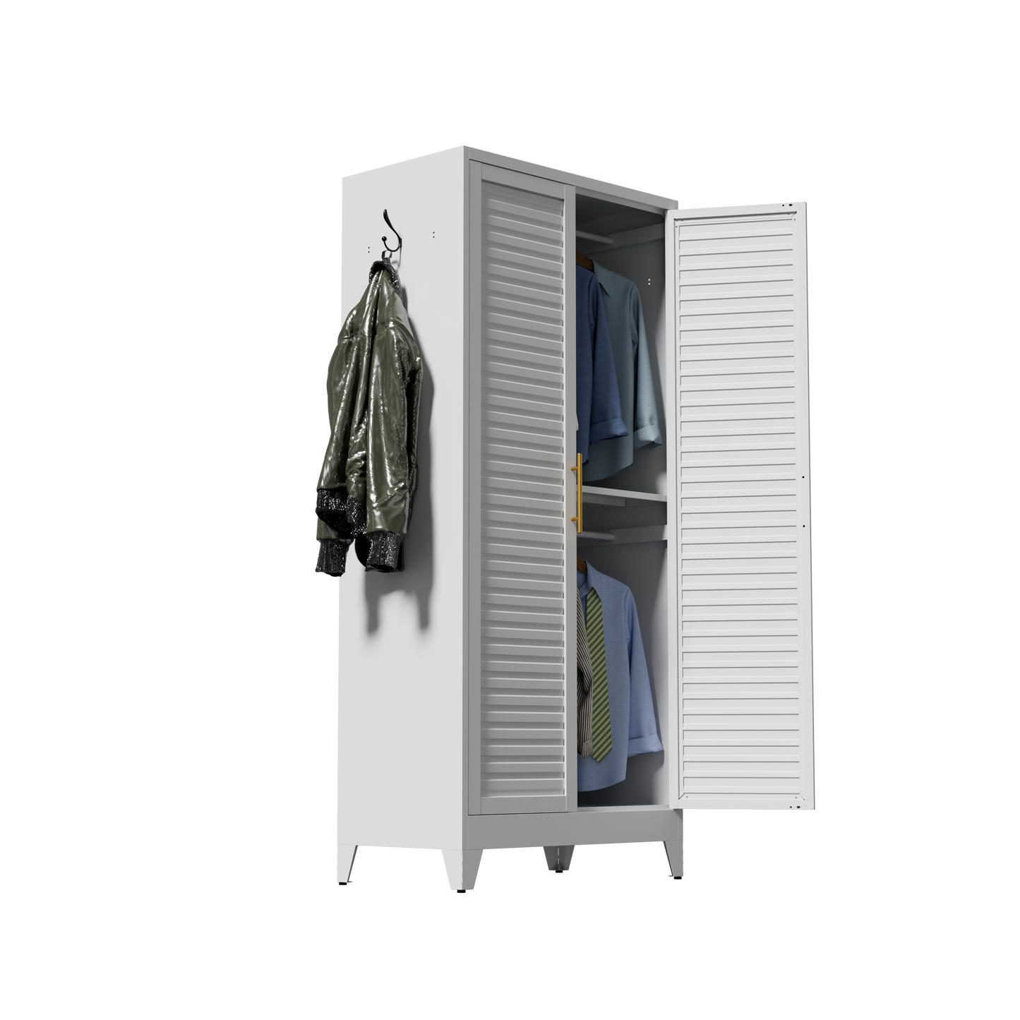 VIYET 71" Metal Wardrobe Closet with Adjustable Hanging Rod, Louvered Doors, Side Hooks & Shelves, Heavy Duty Clothing Storage Cabinet for Bedroom, Laundry Room, White