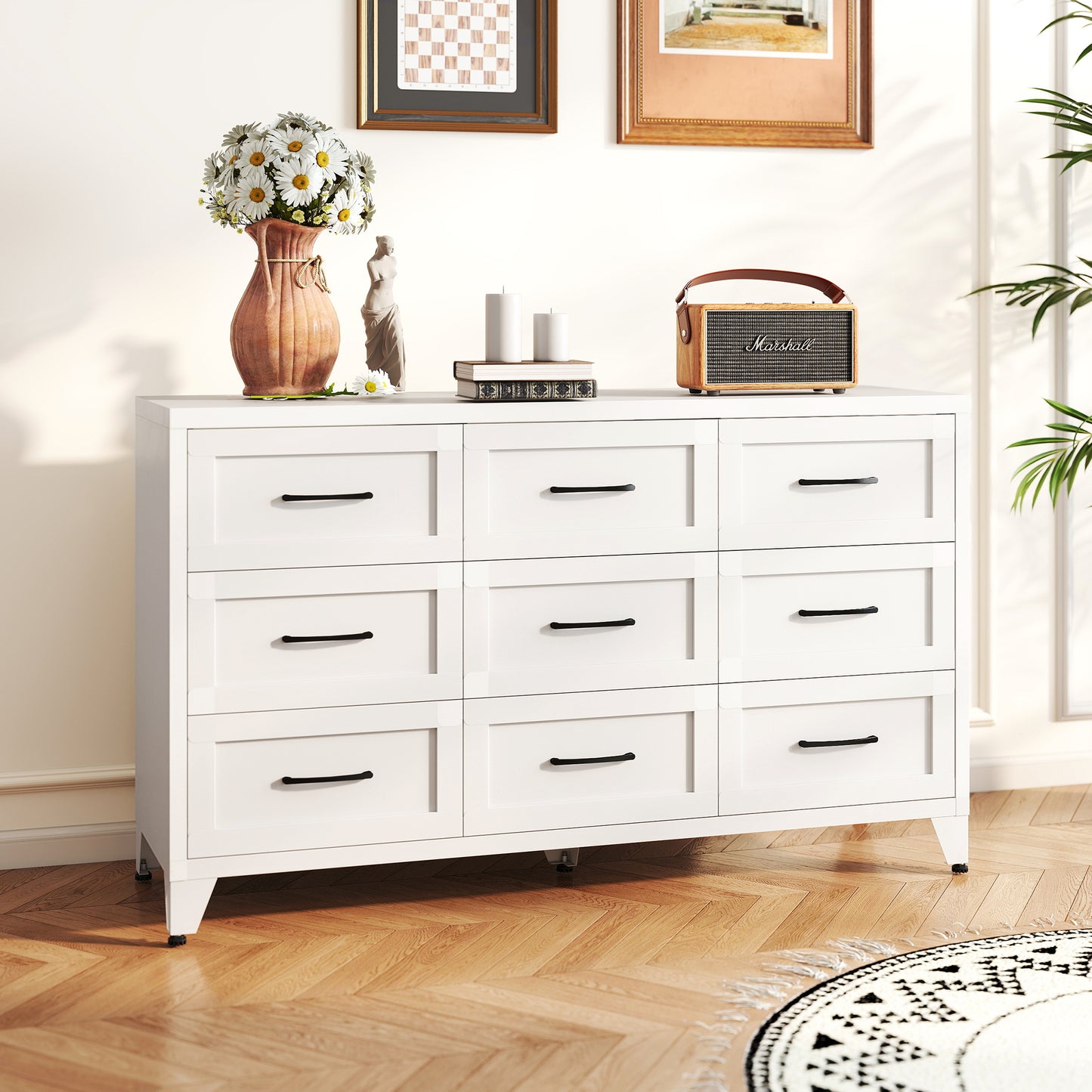 VIYET 9-Drawer Wide Dresser, White Bedroom Storage Chest with Smooth-Glide Drawers for Closet, Hallway & Entryway