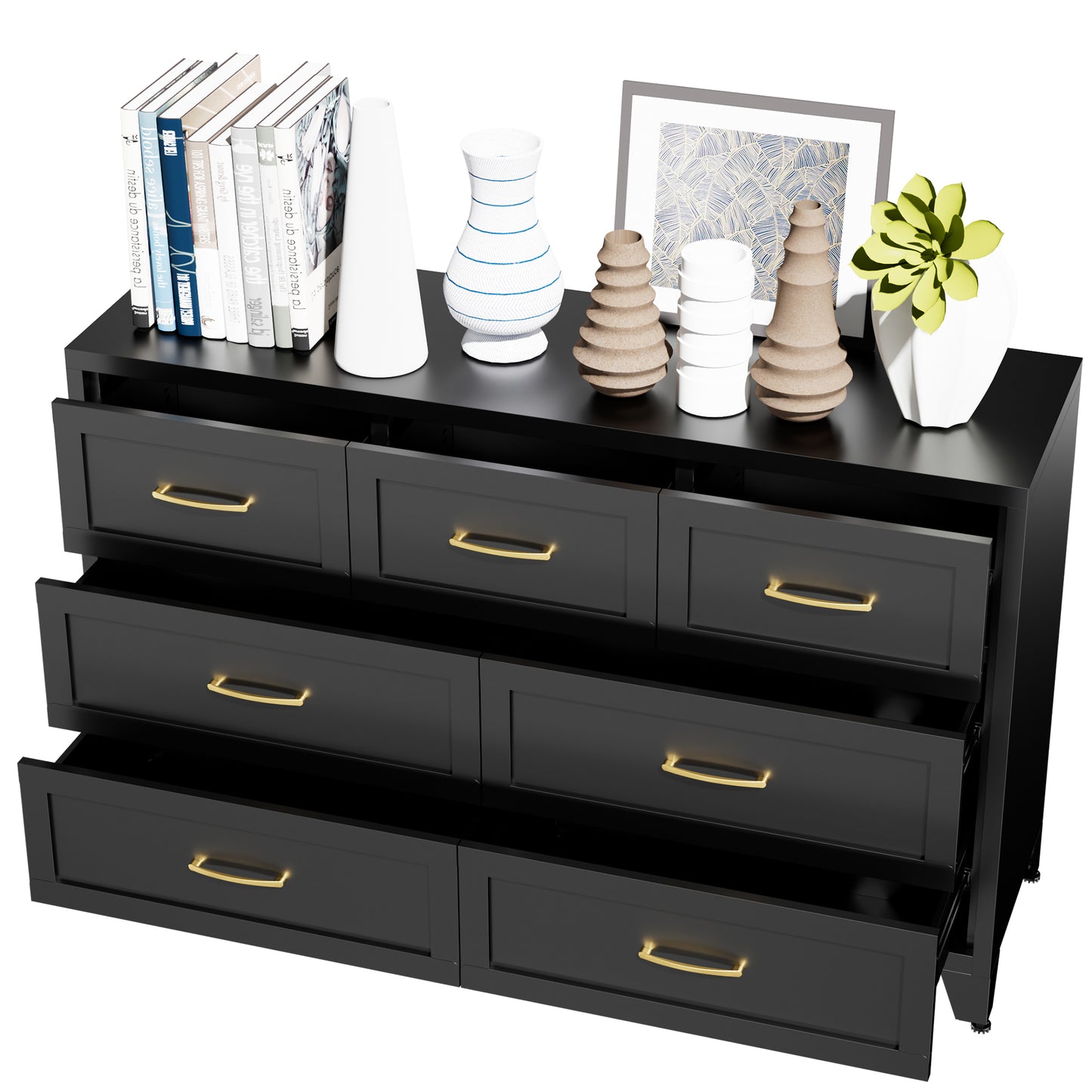 VIYET 7-Drawer Black Dresser, Wide Low-Profile Bedroom Storage Chest with Smooth-Glide Drawers