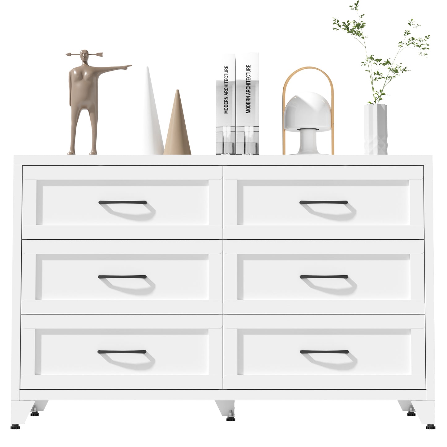 VIYET 6-Drawer White Dresser for Bedroom, Modern Metal Storage Chest with Smooth-Glide Drawers for Closet, Hallway & Entryway