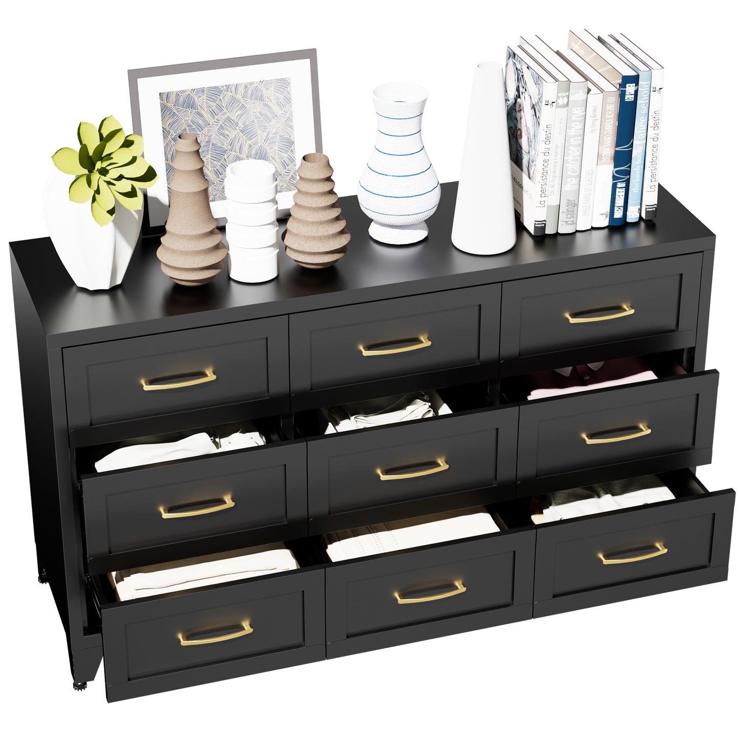 VIYET 9-Drawer Black Dresser for Bedroom, 52" Wide Low-Profile Chest of Drawers with Smooth-Glide Storage