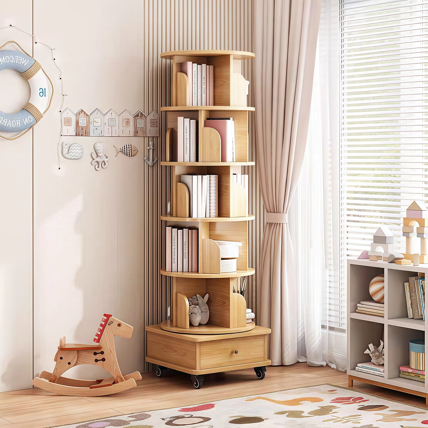 VIYET 68" 6-Tier 360° Rotating Bookshelf, Wood Color MDF Tower w/ Wheels & Drawer (Space-Saving Storage for Home/Office)