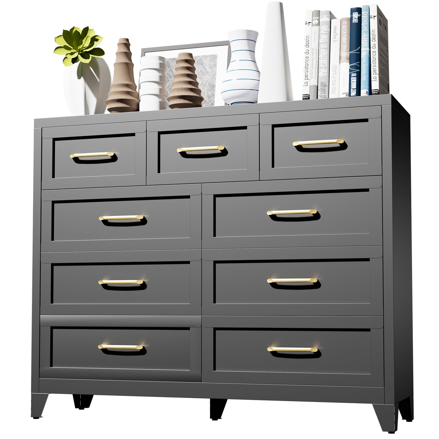 VIYET 9-Drawer Black Dresser for Bedroom, Tall Wide Chest of Drawers with Smooth-Glide Storage