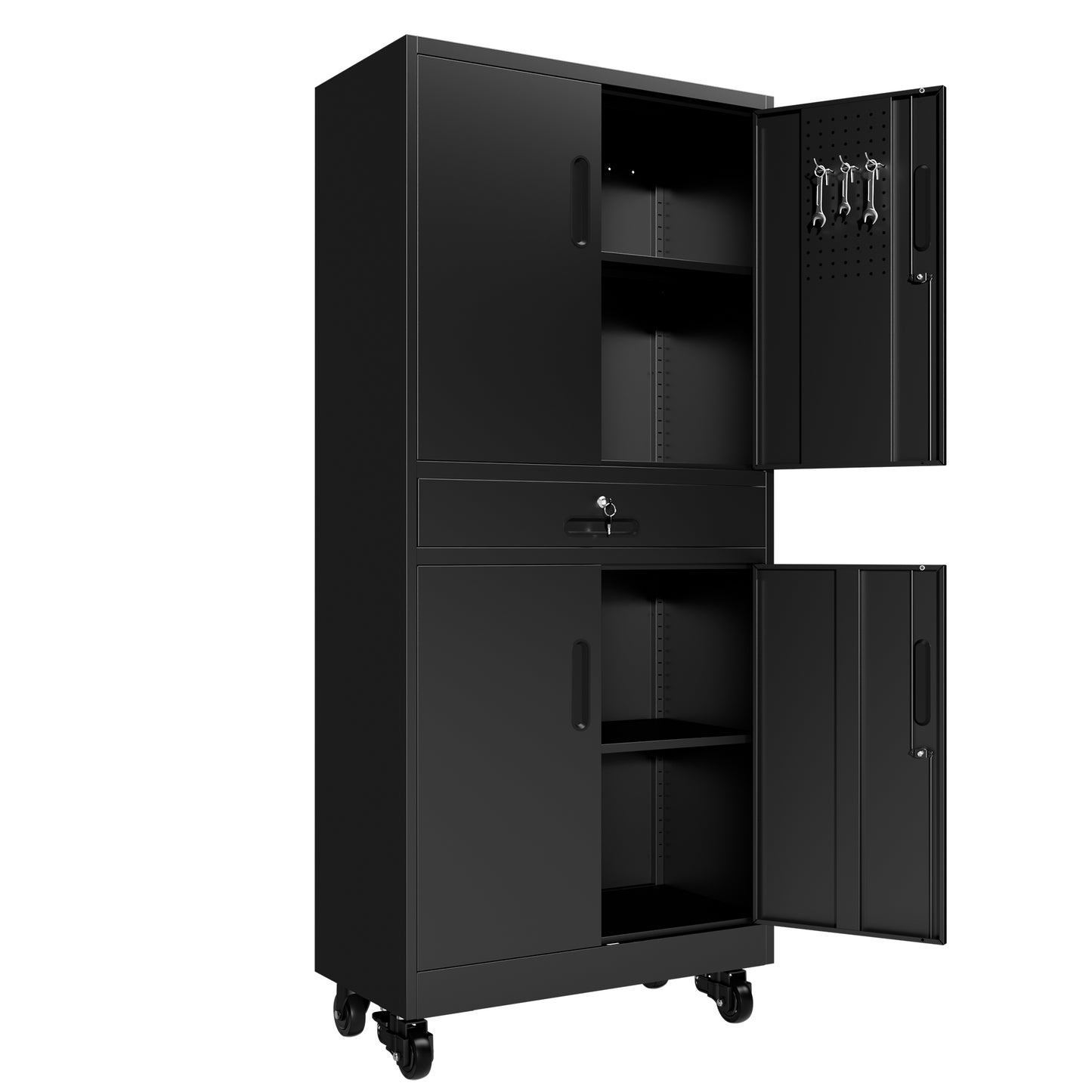 VIYET 71" Metal Garage Storage Cabinet with Drawer, Lockable Doors, Adjustable Shelves, Pegboard & Rolling Wheels for Home Office Utility
