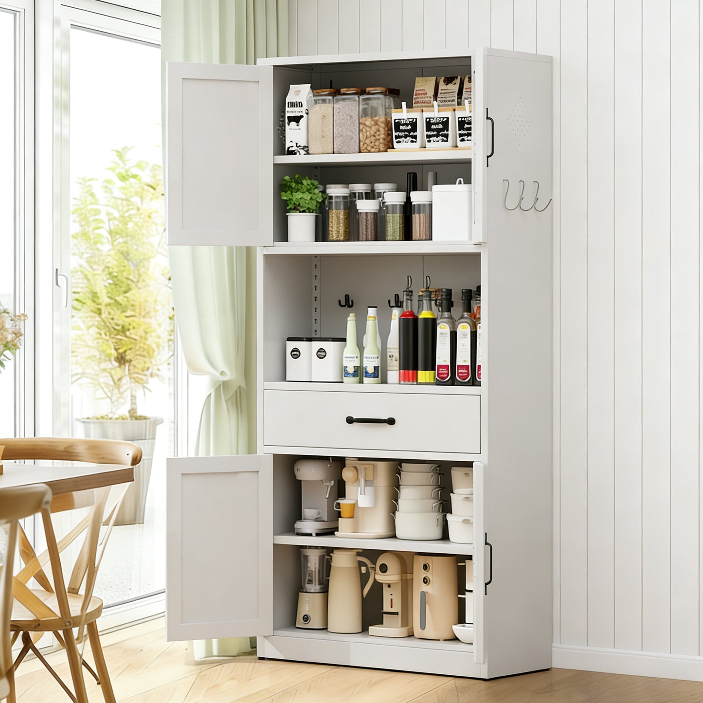 VIYET 71"H Heavy-Duty White Steel Pantry Cabinet,Large Countertop+Adjustable Shelves+Drawers+Hooks,Modern Storage for Kitchen/Bathroom/Living Room