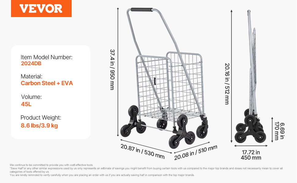 VIYET 45L Stair Climbing Storage Cart, 360° Swivel Wheels, Tri-Wheels, Foldable Collapsible Lightweight Utility Cart for Laundry Travel, Silver
