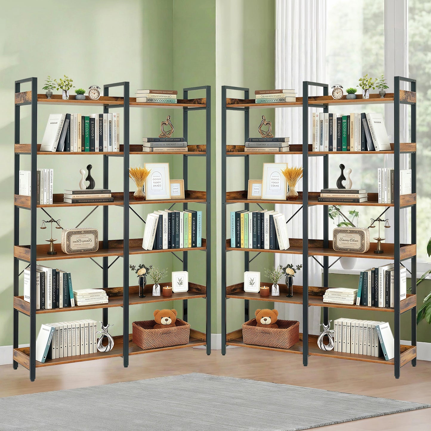 VIYET 69" 6-Tier Industrial Bookshelf, Brown MDF+Metal Frame Open Shelf Bookcase (Freestanding Storage & Display for Home/Office)