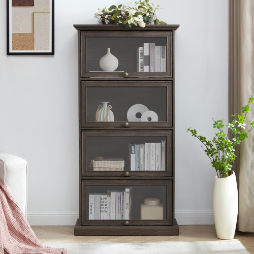 VIYET 63" 4-Tier Glass Display Cabinet, Brown MDF+Tempered Glass Curio Cabinet (Flip-up Doors for Collectibles/Toys/Books)