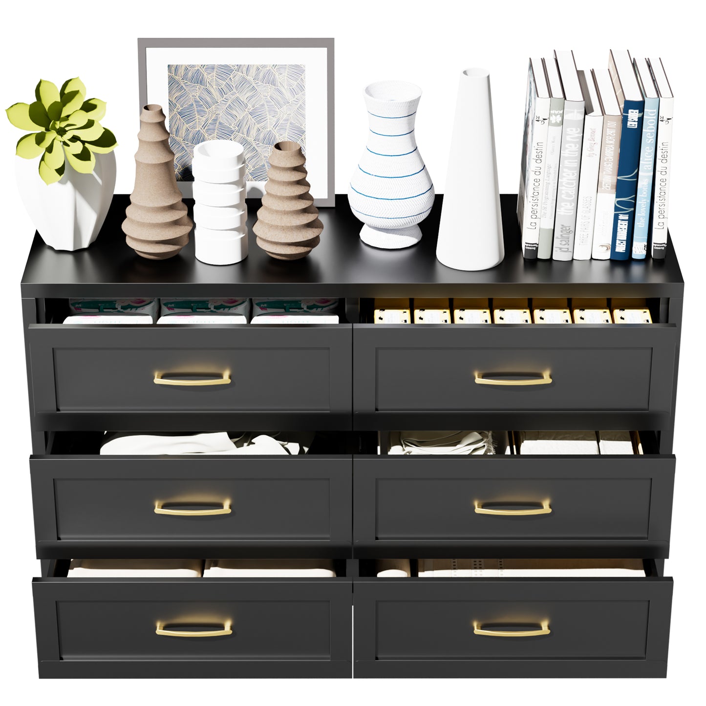 VIYET 6-Drawer Black Dresser for Bedroom, Low-Profile Chest of Drawers with Smooth-Glide Storage