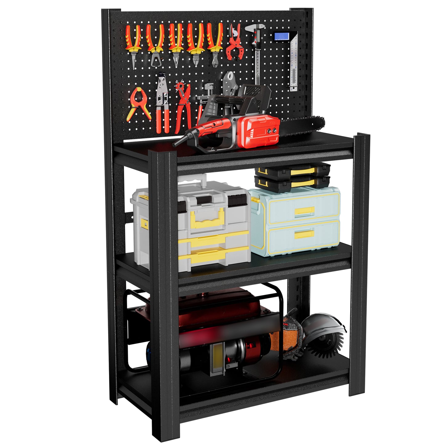 VIYET 3-Tier Metal Storage Shelf with Pegboard, 660 lbs Capacity, Adjustable Garage Shelving Rack for Tools, Workshop, Basement & Utility Room