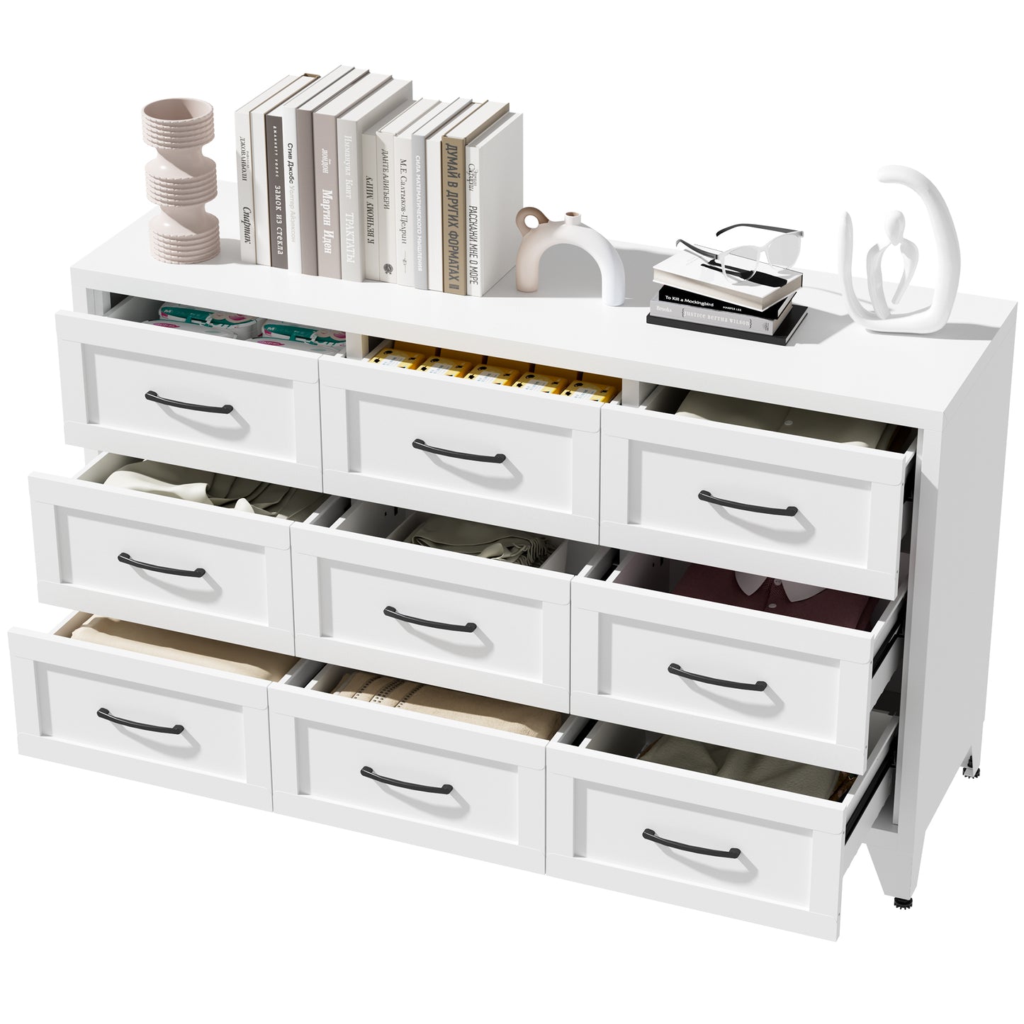 VIYET 9-Drawer Wide Dresser, White Bedroom Storage Chest with Smooth-Glide Drawers for Closet, Hallway & Entryway