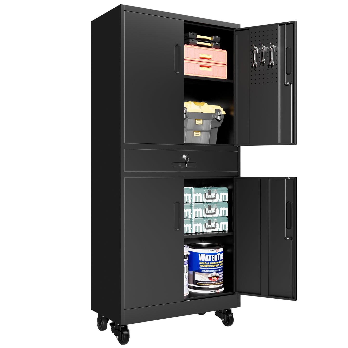 VIYET 71" Metal Garage Storage Cabinet with Drawer, Lockable Doors, Adjustable Shelves, Pegboard & Rolling Wheels for Home Office Utility