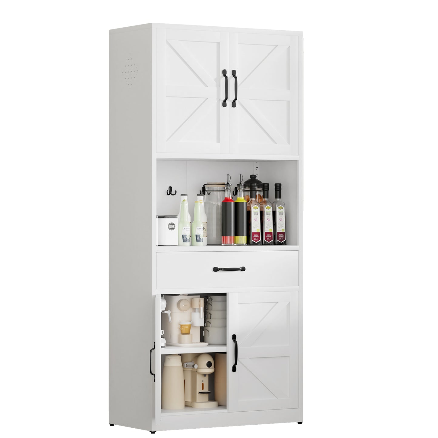 VIYET 71"H Heavy-Duty White Steel Pantry Cabinet,Large Countertop+Adjustable Shelves+Drawers+Hooks,Modern Storage for Kitchen/Bathroom/Living Room
