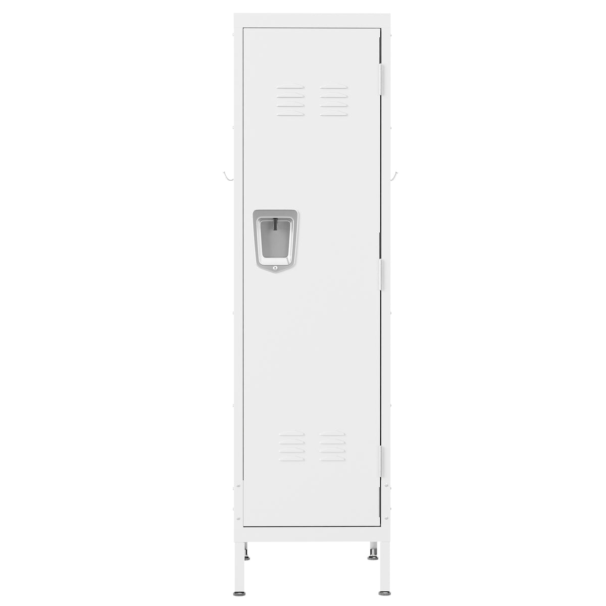 VIYET 55" White Metal Wardrobe Cabinet, Narrow Steel Clothing Storage with Lock & Ventilated Door, Side Hooks, Freestanding Closet for Bedroom & Small Apartment